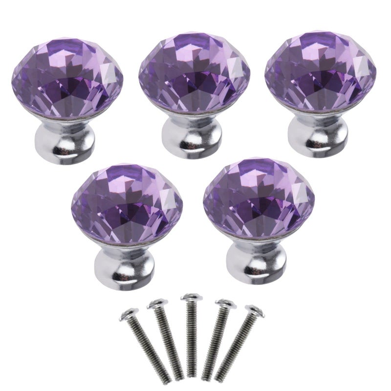 Yetaha Purple Crystal Knobs, 5PCS Glass Drawer Pulls Diamond Shape Cabinet Handles for Dresser Closet Wardrobe Cupboard Bedroom Kitchen Furniture Decoration, with Screws - Image 1